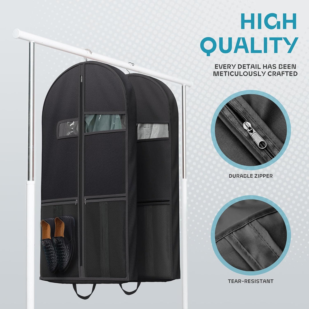 Travel suit bag with clear window, heavy-duty fabric, ideal for formal wear protection.