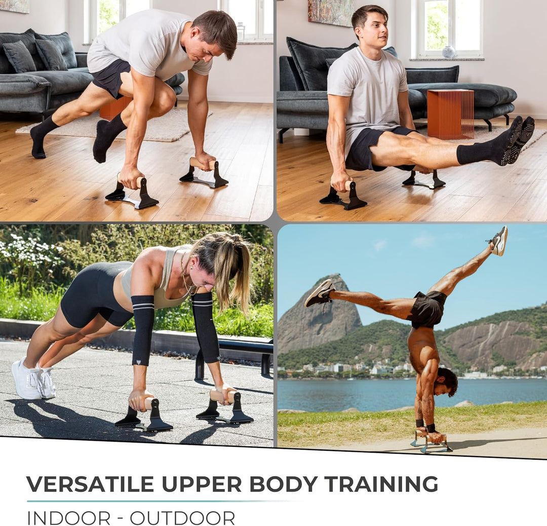 Durable wooden push-up bars for strength training. Perfect parallettes for bodyweight fitness exercises at home.