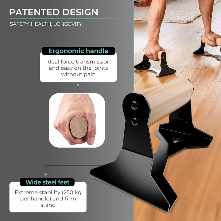 Unisex heavy wooden push-up handles, ideal for strength and bodyweight workouts. Essential fitness equipment for home gym.