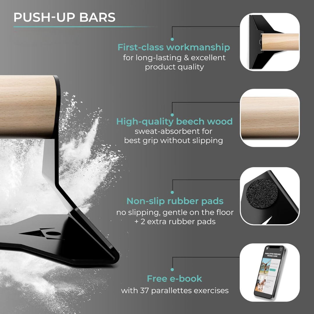 Premium heavy wooden push-up handles improve strength training. Ergonomic design for effective bodyweight fitness exercises.