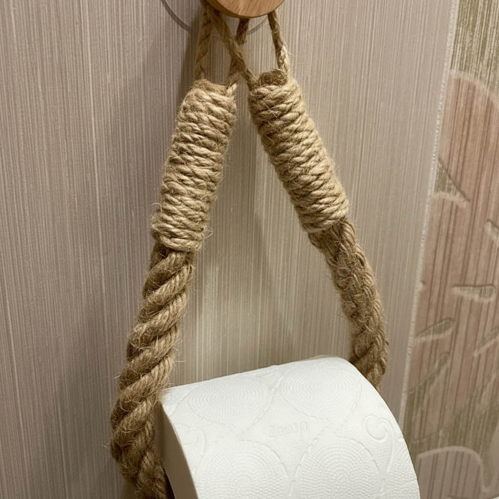Unique hanging hemp rope toilet paper holder, easy installation, perfect for natural home decor