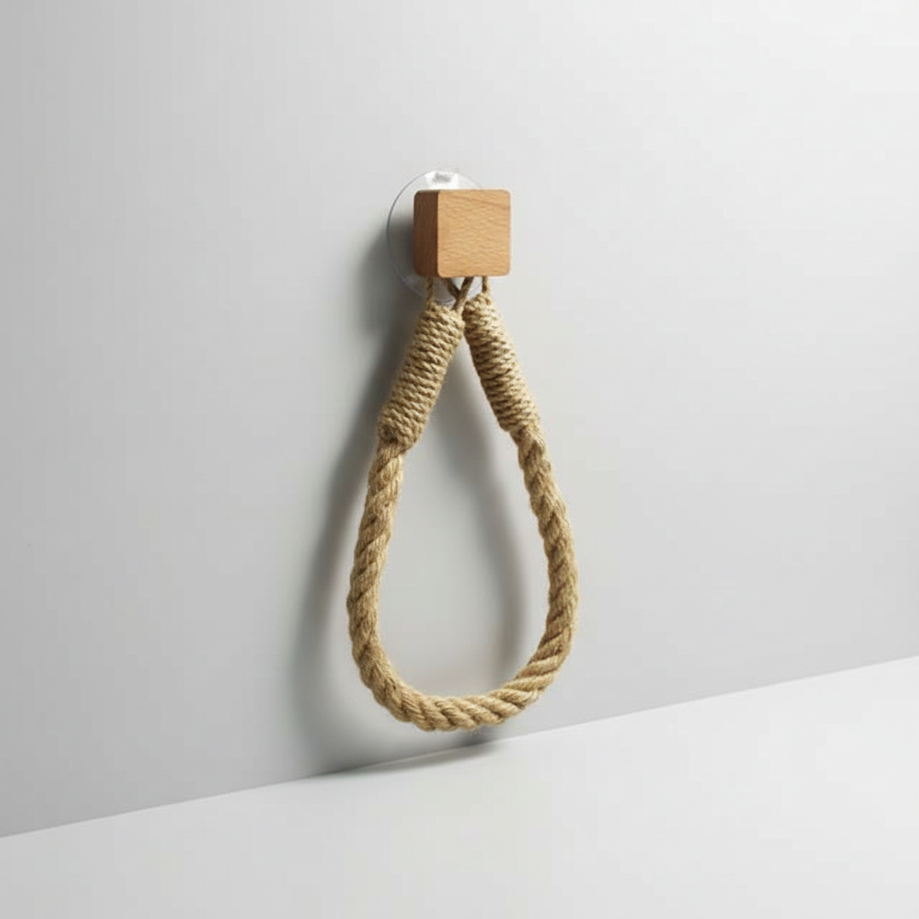 Close-up of natural hemp rope toilet paper holder, showing texture and quality, bathroom accessory