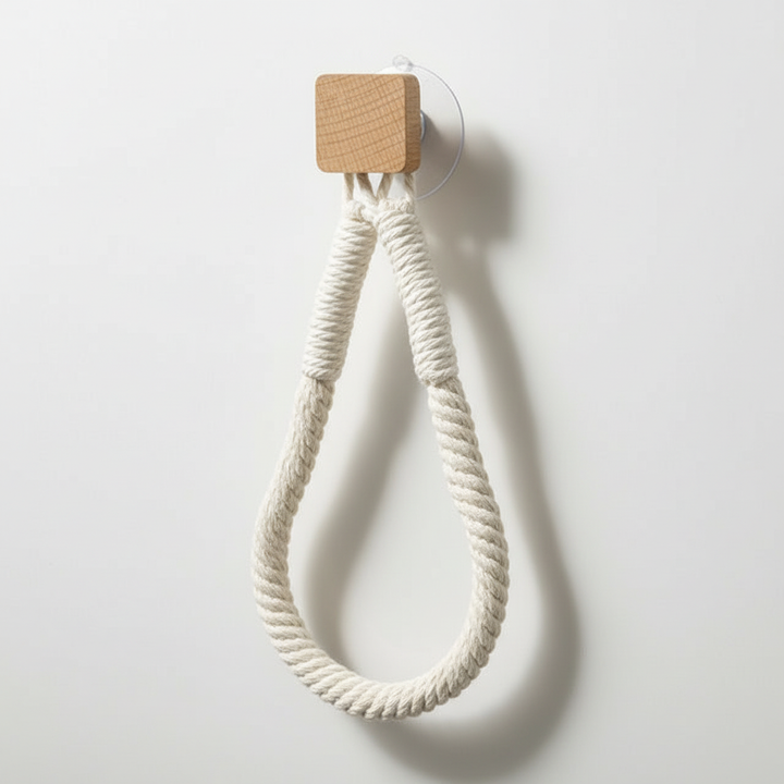HempLoop toilet paper holder, hanging design with thick hemp rope, adds organic touch to bathroom