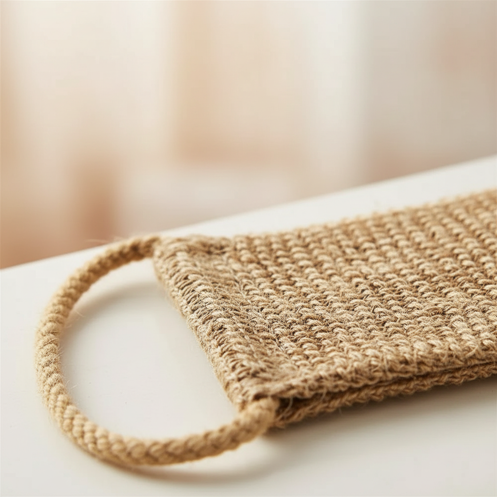 Close-up of HempWonder exfoliating shower mitt, showing natural hemp fiber texture
