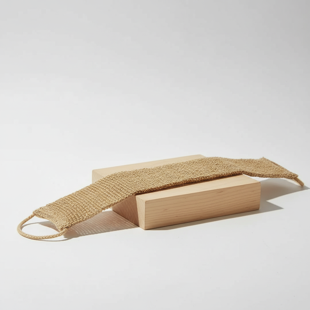 Close-up of a hemp shower mitt, perfect for gentle exfoliation and smooth skincare