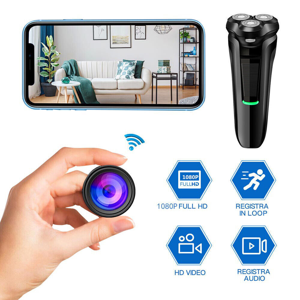 1080P HD WiFi security camera, mini shaver design with motion detection for wireless surveillance.