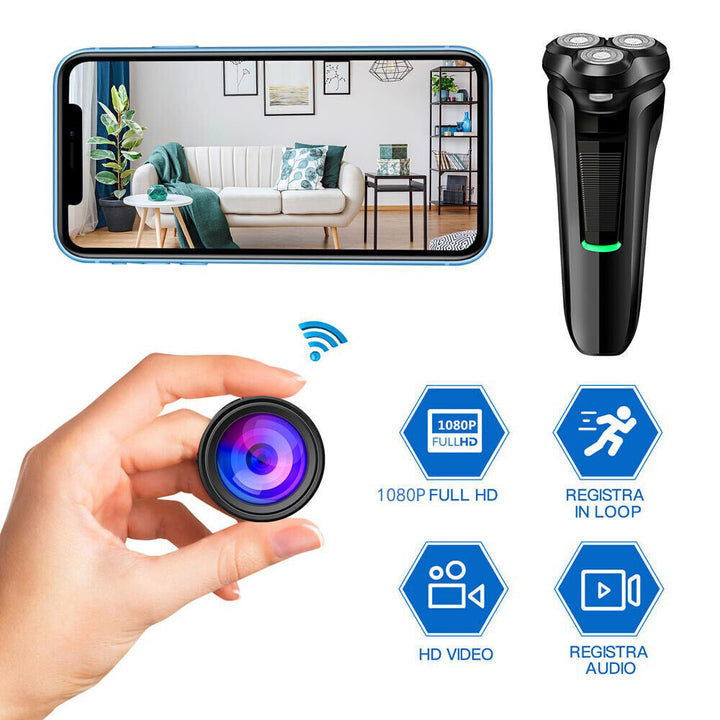 1080P HD WiFi security camera, mini shaver design with motion detection for wireless surveillance.