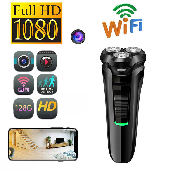 Remote monitoring 1080P HD WiFi mini shaver camera with motion detection for discreet home security.