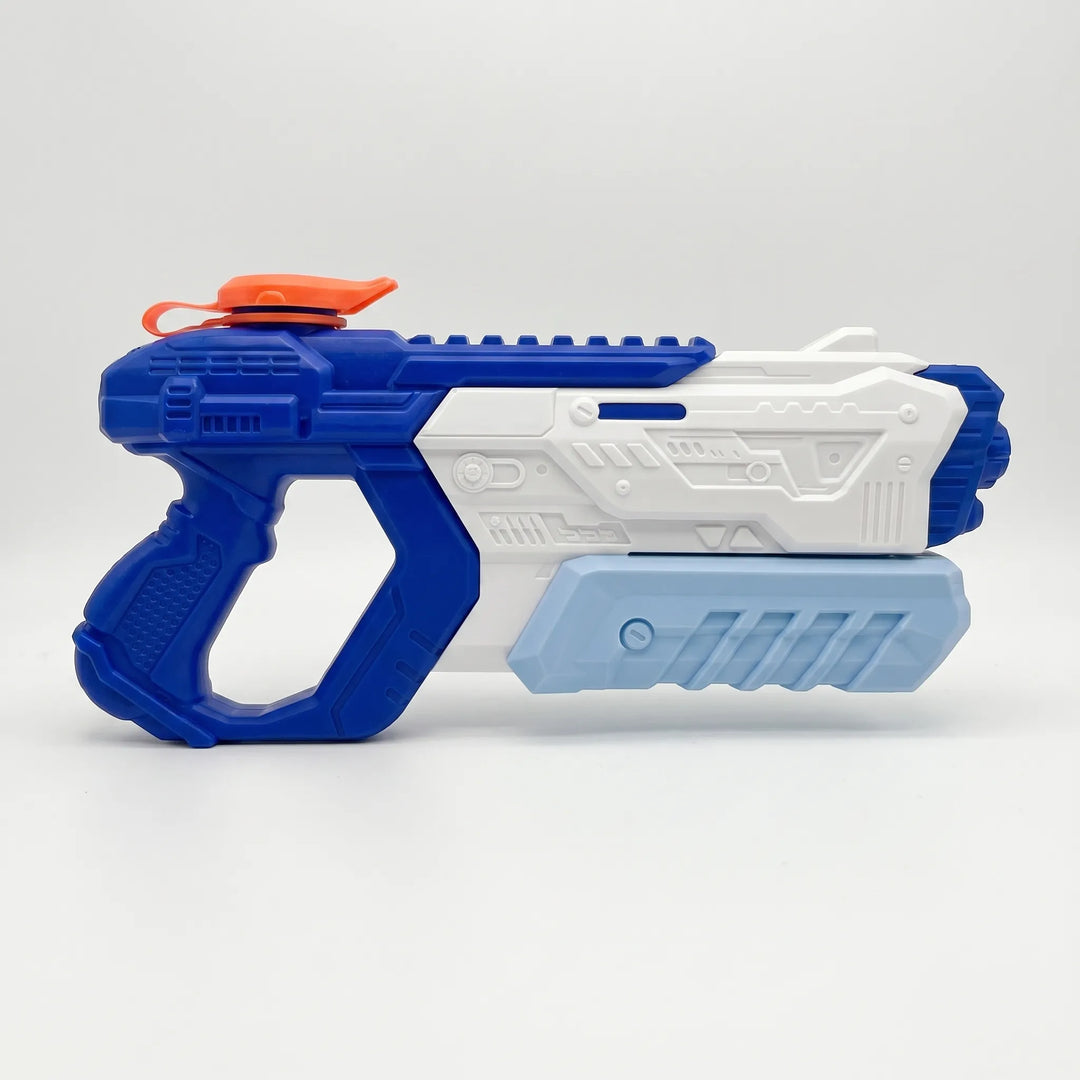 Kids enjoying active outdoor play with a powerful high-capacity water blaster. Fun summer water gun.