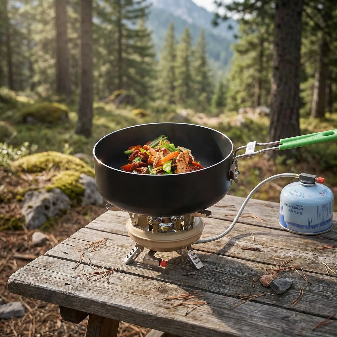 High-output portable camping stove with integrated windshield for efficient outdoor cooking and backpacking.