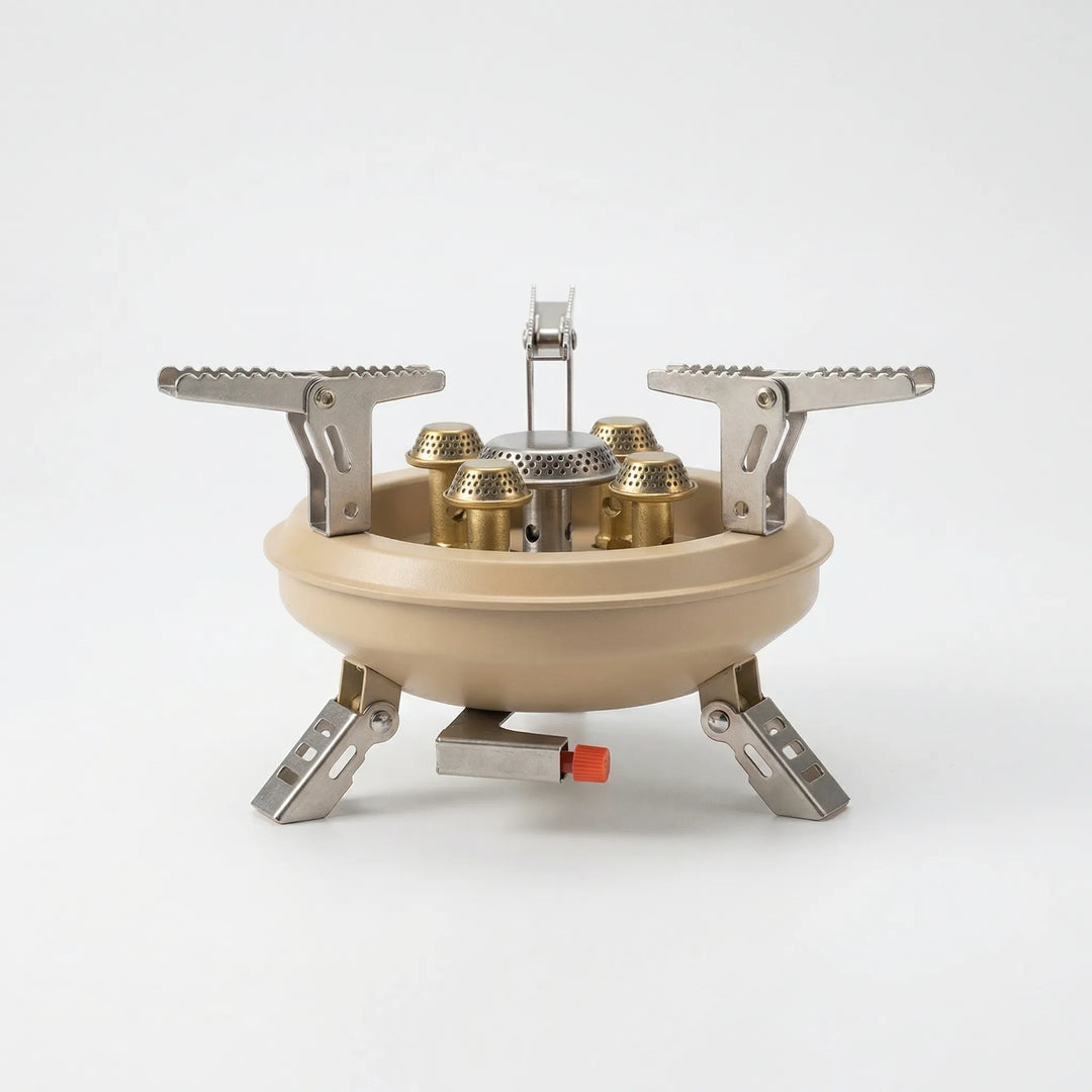 Compact gas camping stove with piezo ignition, ideal for fast, windproof cooking on hiking and backpacking trips.