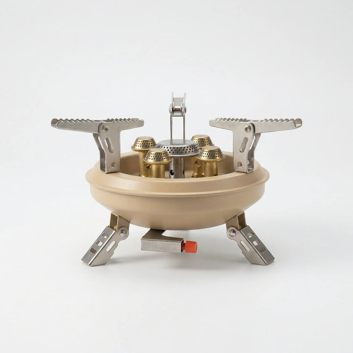 Compact gas camping stove with piezo ignition, ideal for fast, windproof cooking on hiking and backpacking trips.