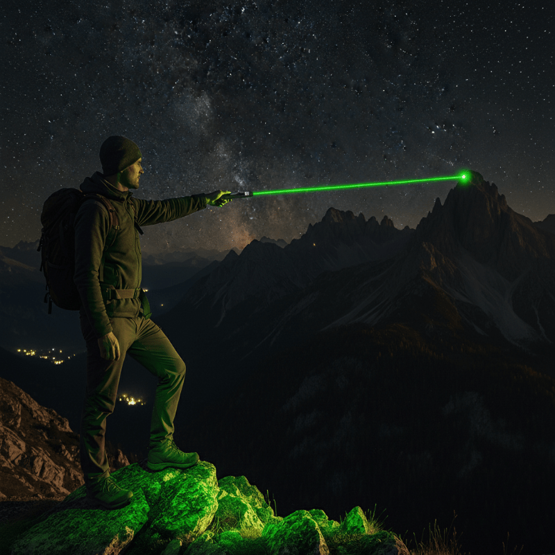 Green high-power laser pointer with adjustable focus, safety lock, and rechargeable battery.