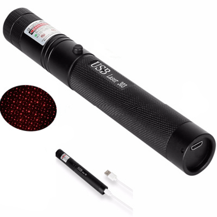 Sleek black high-power laser pointer featuring adjustable focus and a crucial safety lock.