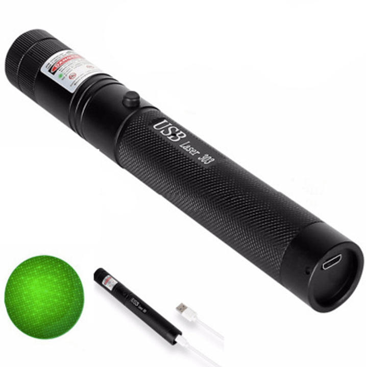 Versatile high-power laser pointer with adjustable focus, available in green or red beams.