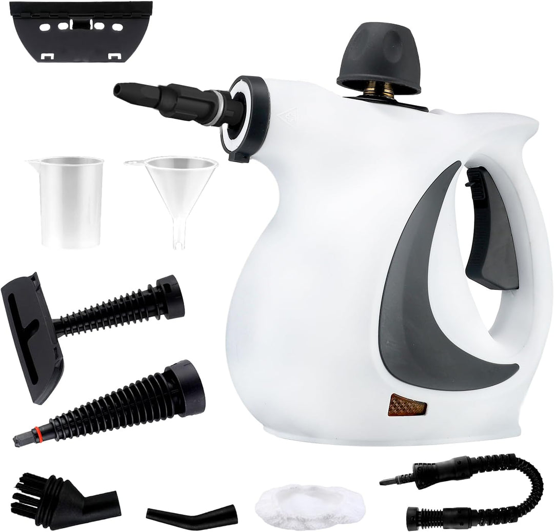 High-pressure handheld steam cleaner tackling tough kitchen grease with 9-piece accessory kit