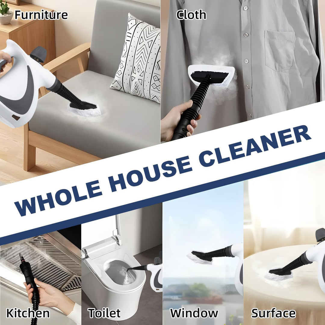 Portable handheld steam cleaner with nozzle attachment, deep cleaning bathroom tiles effectively