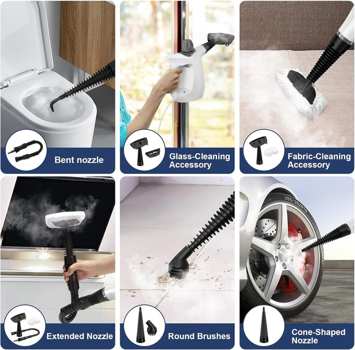 Compact handheld steam cleaner with brush attachment, perfect for grout and narrow spaces