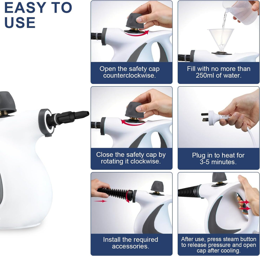 Close-up of the high-pressure handheld steam cleaner with water tank and power indicator