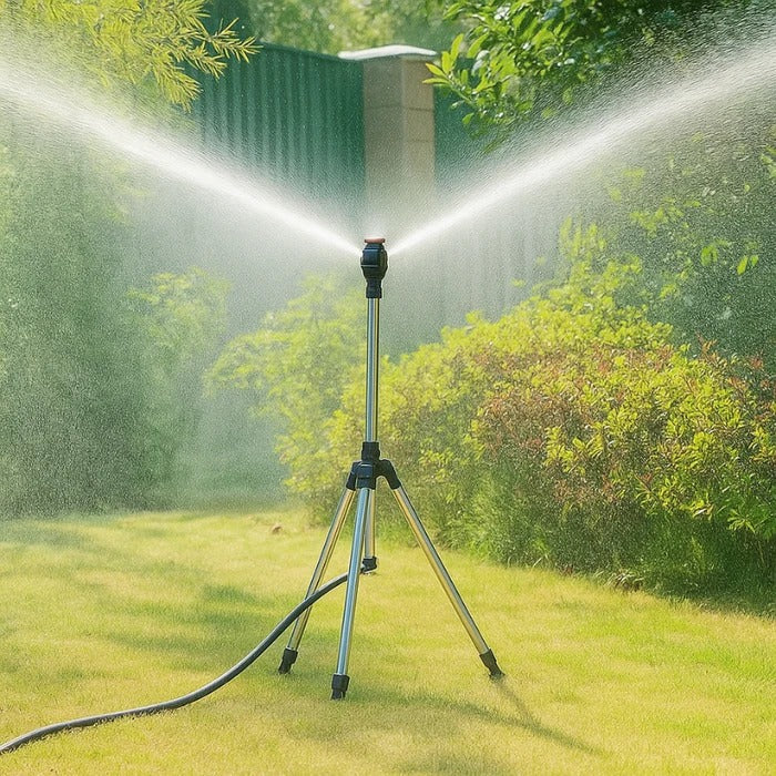 High-pressure rotating tripod sprinkler for outdoor garden & lawn irrigation. Adjustable for efficient plant care.