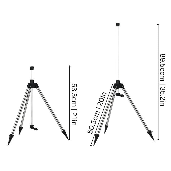 Adjustable outdoor garden sprinkler on tripod stand, providing high-pressure rotating water for lawn & plant watering.