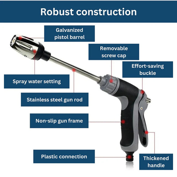 Versatile high-pressure garden hose nozzle. Excellent for car wash, patio cleaning, and driveway power spray.