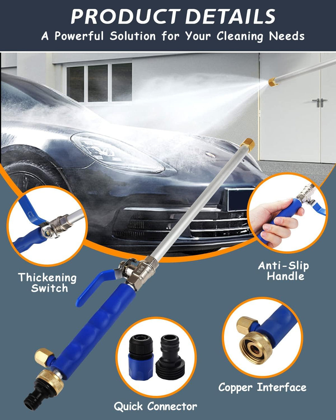 Versatile high-pressure spray nozzle for quick car wash, deck scrubbing, and patio cleaning.