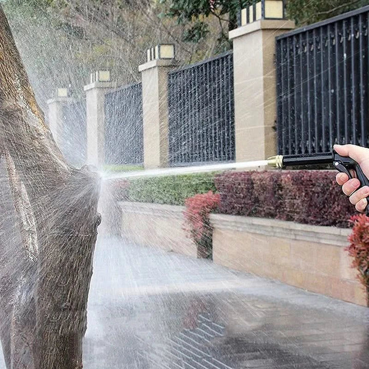 Versatile hose nozzle, high-pressure water gun for garden cleaning, patio wash & outdoor maintenance.