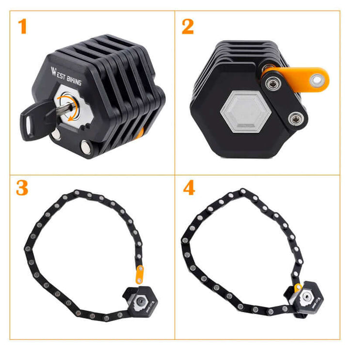 Secure your ride with this folding bike lock. Essential anti-theft for urban commuters, cyclists, & scooter users.