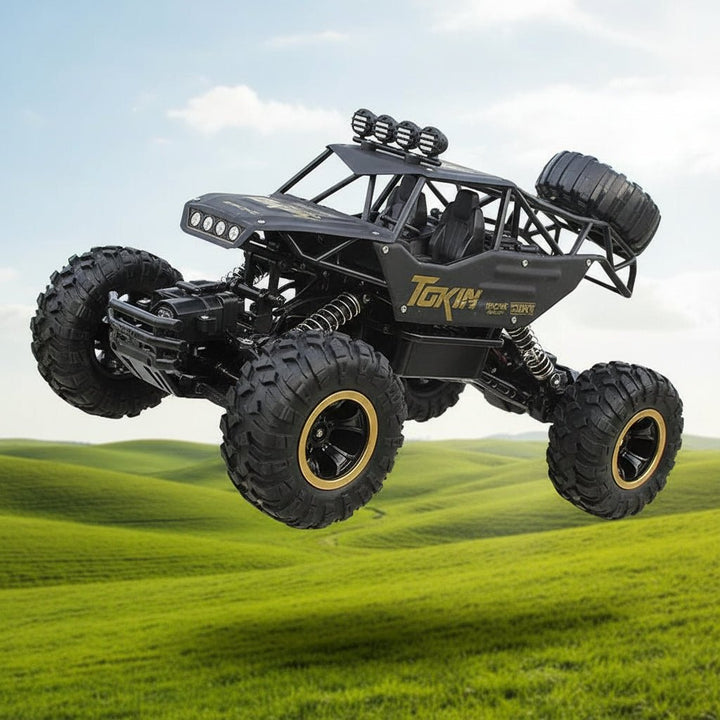 Large, vibrant electric RC monster truck, a high-speed 4x4 toy vehicle designed for ultimate offroad fun.