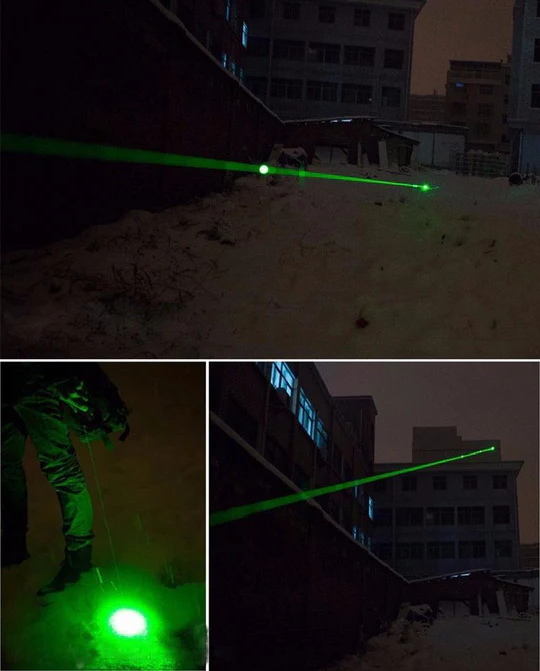 Powerful green laser pointer, ideal for camping, hiking, and as an emergency signal. High visibility beam.