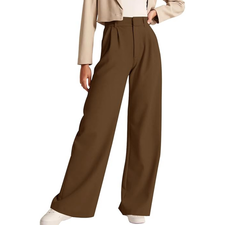 Stylish women's black high-waisted pants for work, featuring a comfortable straight leg fit
