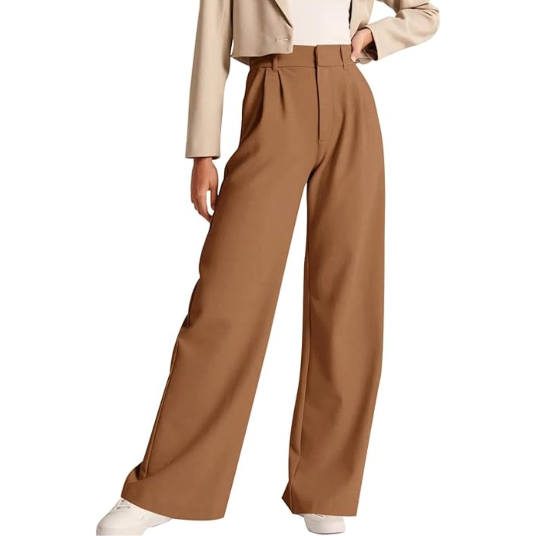 Model wearing Katja high-waisted business casual work trousers with straight leg and pockets