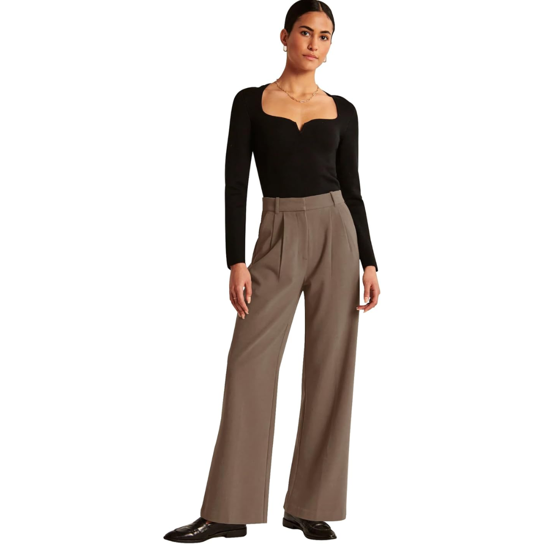 Flat lay of women's high-waisted straight leg business casual pants, showing full length