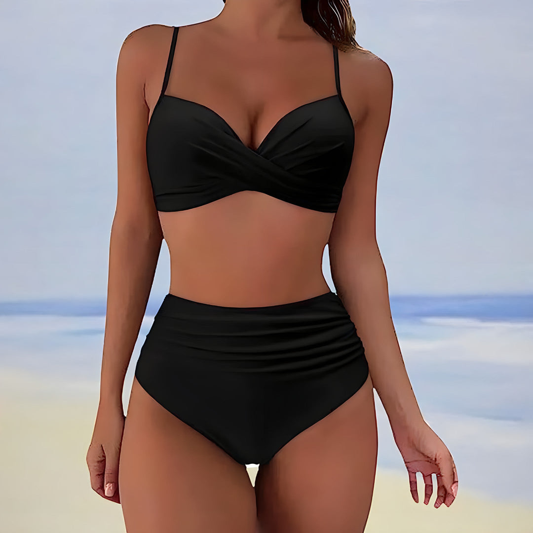 Close-up of high-waist bikini bottom, textured fabric, comfortable womens swimwear