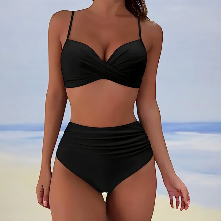 Close-up of high-waist bikini bottom, textured fabric, comfortable womens swimwear