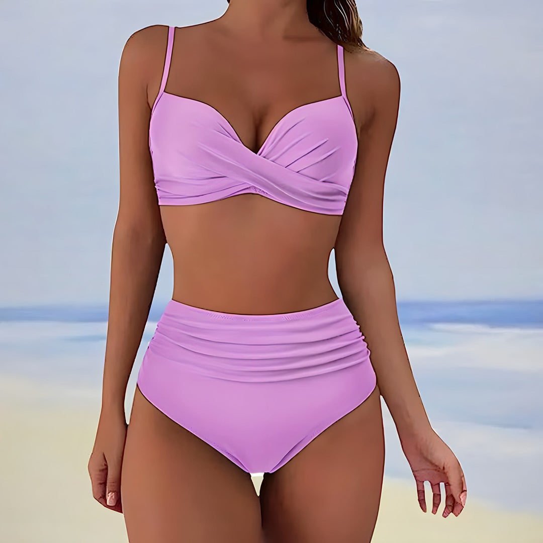 Womens high-waist bikini with a patterned top, full shot, perfect for poolside fashion
