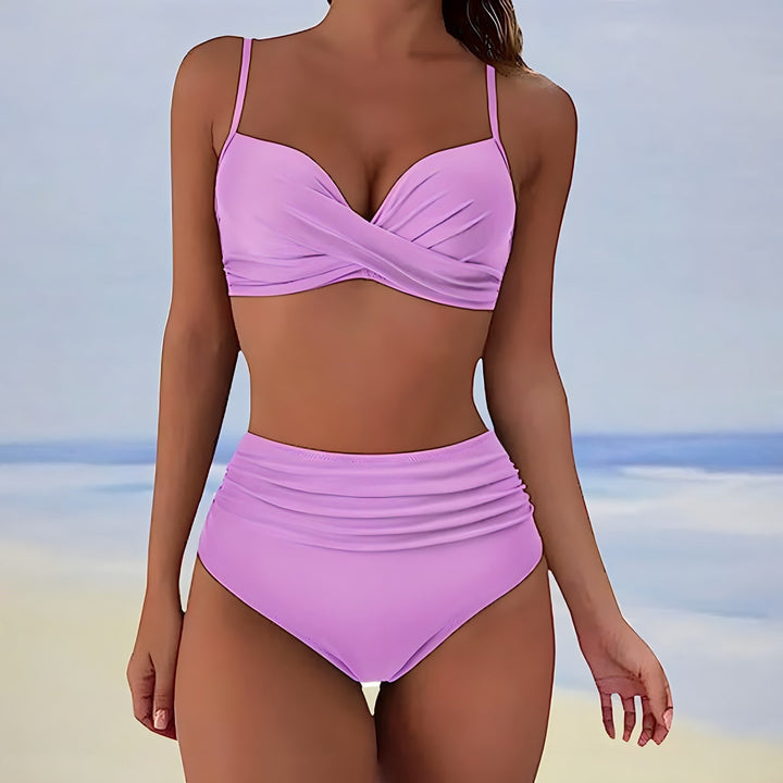 Womens high-waist bikini with a patterned top, full shot, perfect for poolside fashion