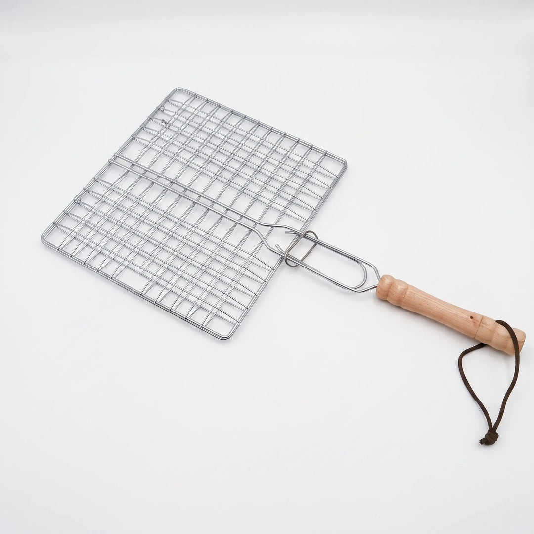 Easy-flip hinged grill basket, a practical kitchen gadget for outdoor grilling, perfect for veggies, fish, & more.