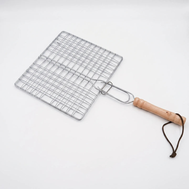 Easy-flip hinged grill basket, a practical kitchen gadget for outdoor grilling, perfect for veggies, fish, & more.