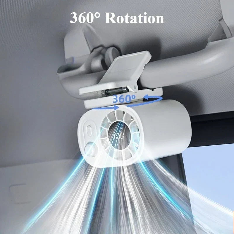 Compact USB car fan, Hipacool ClipAir, showing its secure clip and adjustable head for personal cooling.