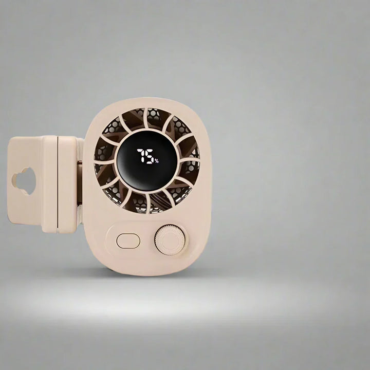 Adjustable car clip fan, Hipacool brand, demonstrating its 360-degree rotating head for optimal airflow.