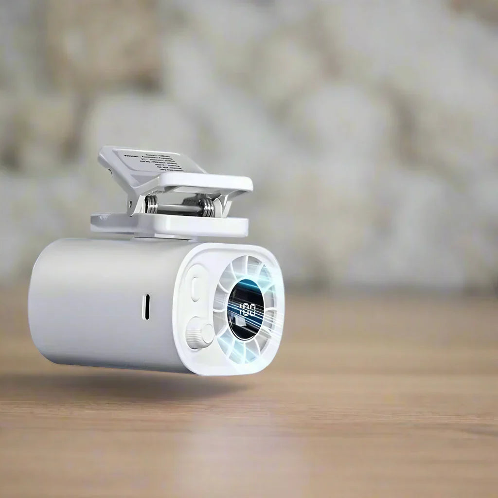 USB-powered portable car fan, Hipacool ClipAir, highlighting its compact design and powerful airflow.