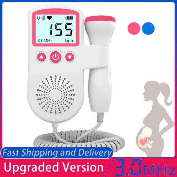 Handheld fetal doppler with clear display, showing baby's heart rate for convenient at-home monitoring.