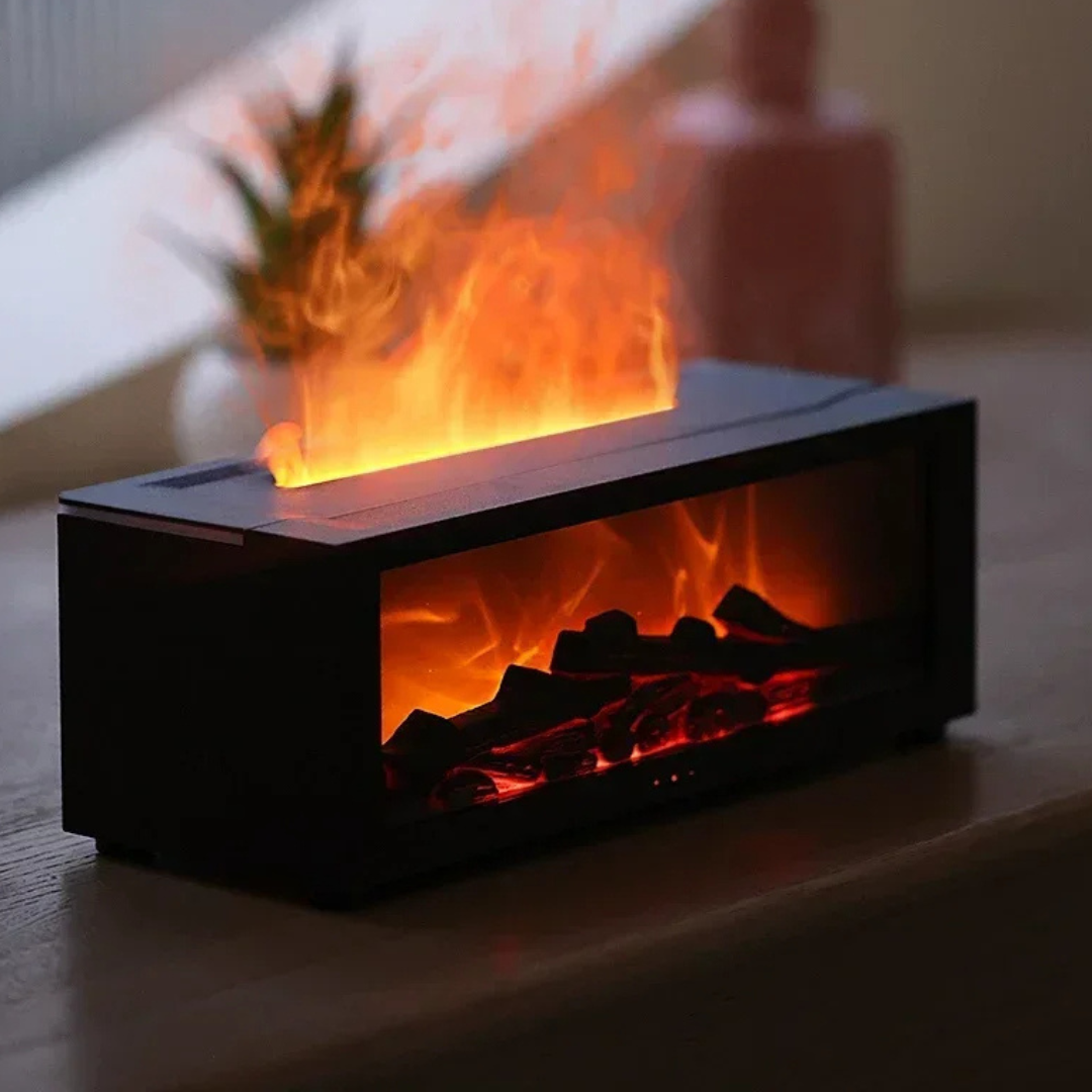Home Flame Effect Aroma Diffuser for essential oils, creating a relaxing mood with realistic light.