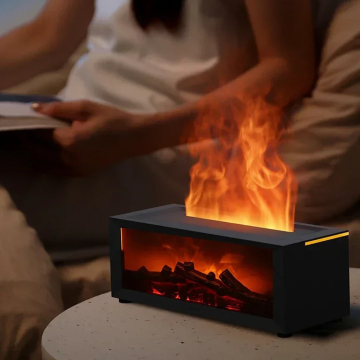 Ultrasonic aroma diffuser with realistic flame effect. Enhances home decor & promotes relaxation.