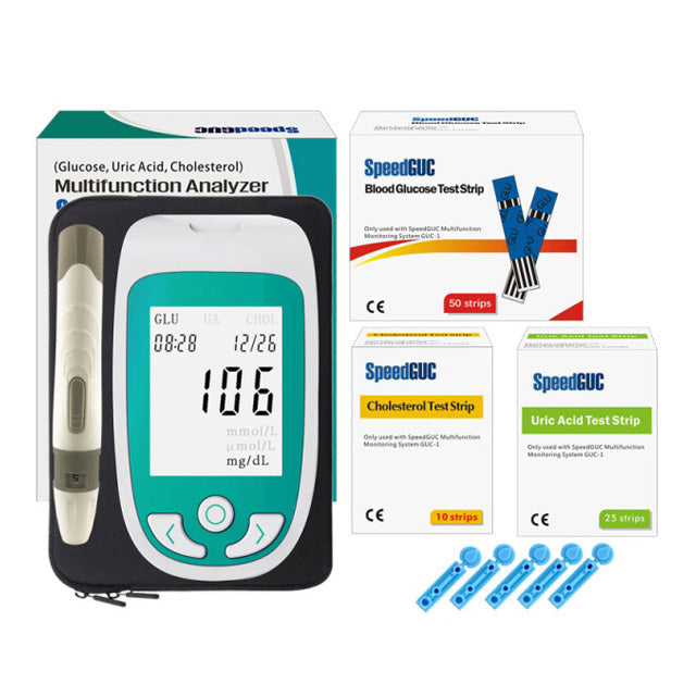 Uric Acid Meter for gout support, offering comprehensive home health screening with glucose & cholesterol.