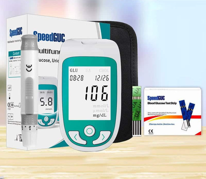 Modern Home Health Monitor for comprehensive health screening: cholesterol, glucose, & uric acid testing.