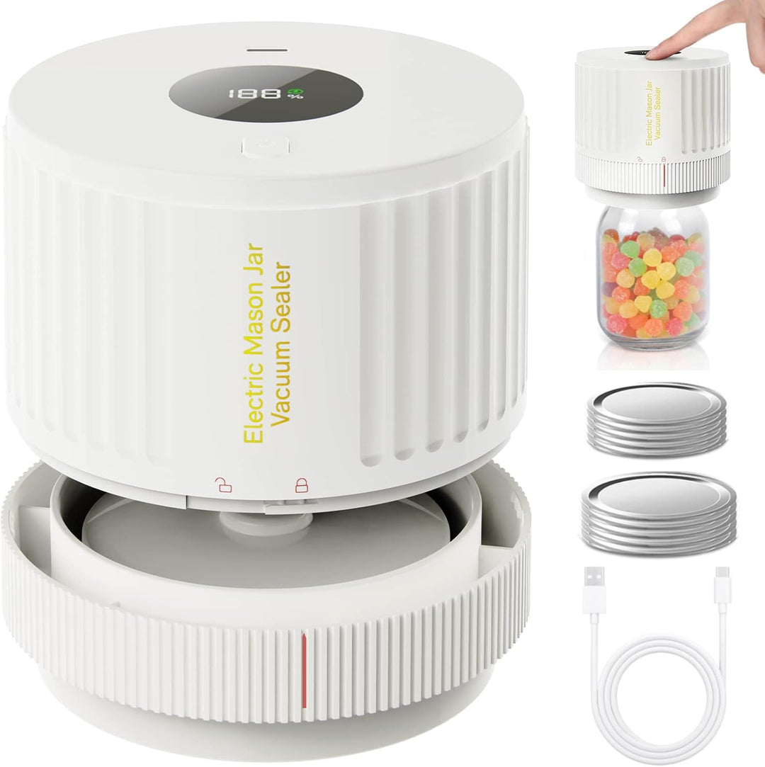 Dry goods like pasta & beans in vacuum-sealed mason jars, demonstrating electric jar sealer kit benefits.
