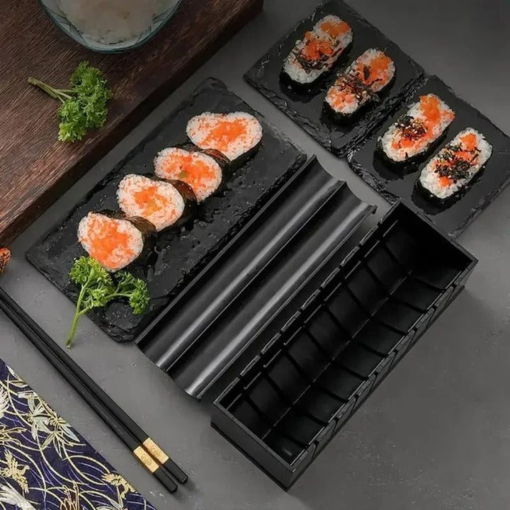 RollEase sushi set, a complete kitchen tool for home sushi making; create professional-looking rice rolls effortlessly.